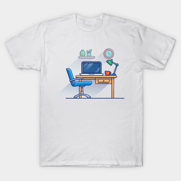 Work Bench, Desk, Laptop, Lamp, Plant, Cup, Clock And Floating Shelves Cartoon T-Shirt by Catalyst Labs